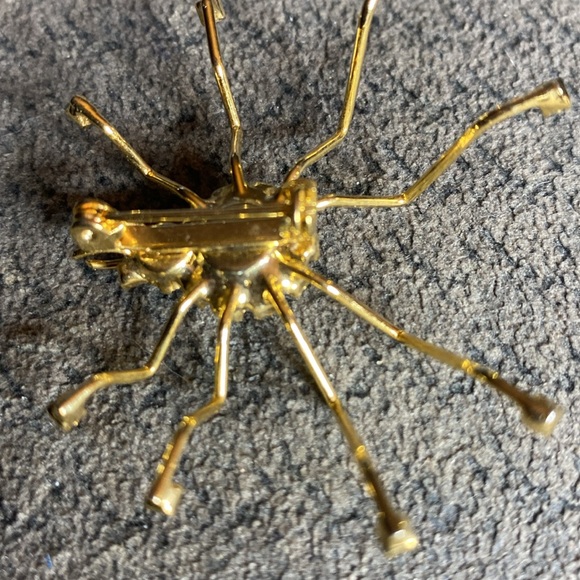 Spider Pin Brooch Green Eyes Clear Crystal Rhinestones Vintage Gold Tone Metal - Picture 5 of 7